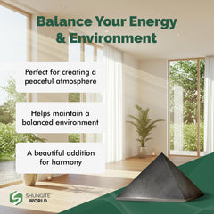 Shungite World pyramid in a bedroom enhances relaxation and mindfulness.