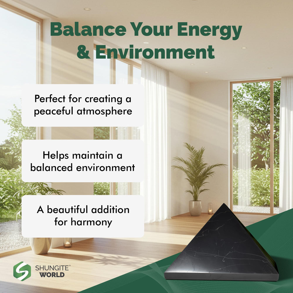 Shungite World living room pyramid adds natural decor and energy balance.