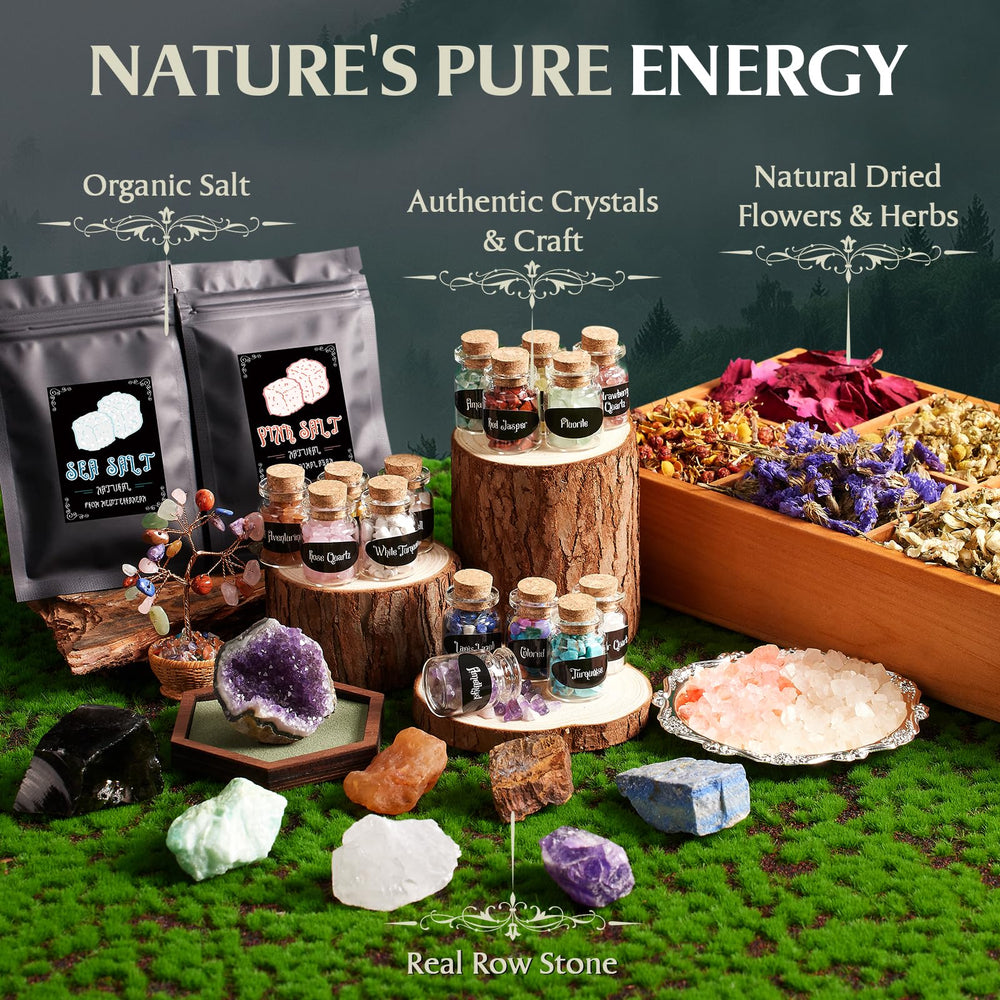SHYSHINY Crystal Bottles and amethyst cluster for energy work and decor.