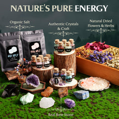SHYSHINY Crystal Bottles and amethyst cluster for energy work and decor.