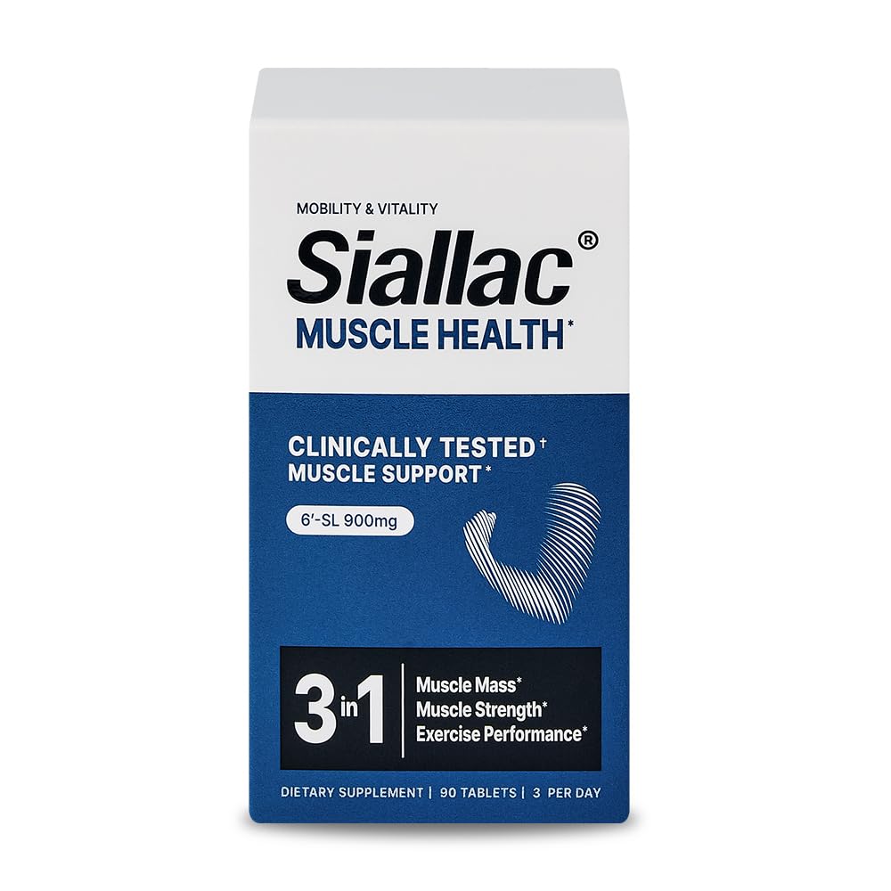 SIALLAC Muscle Health bottle front view showing 90 tablets for muscle support.