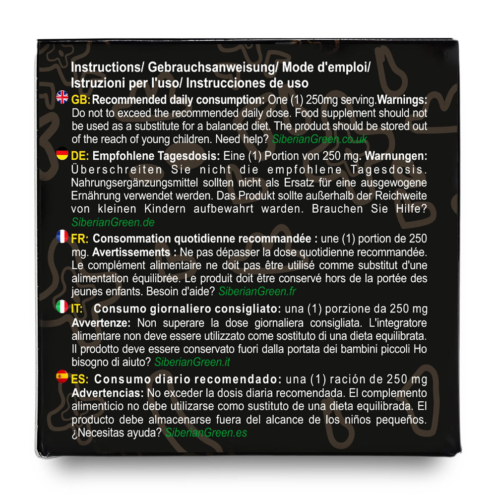 Siberian Green Shilajit Resin packaging highlights certificate and sustainable sourcing