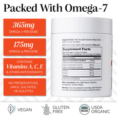 Sibu Sea Buckthorn Omega-7 ingredients on packaging highlighting skin and wellness benefits.