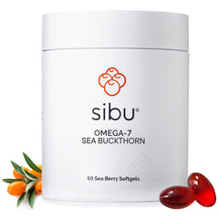 Sibu Sea Buckthorn Softgels bottle highlighting Omega-7 support for skin and nails.