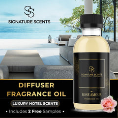 Signature Scents Rose Amour bottle pour releasing a refined floral aroma.