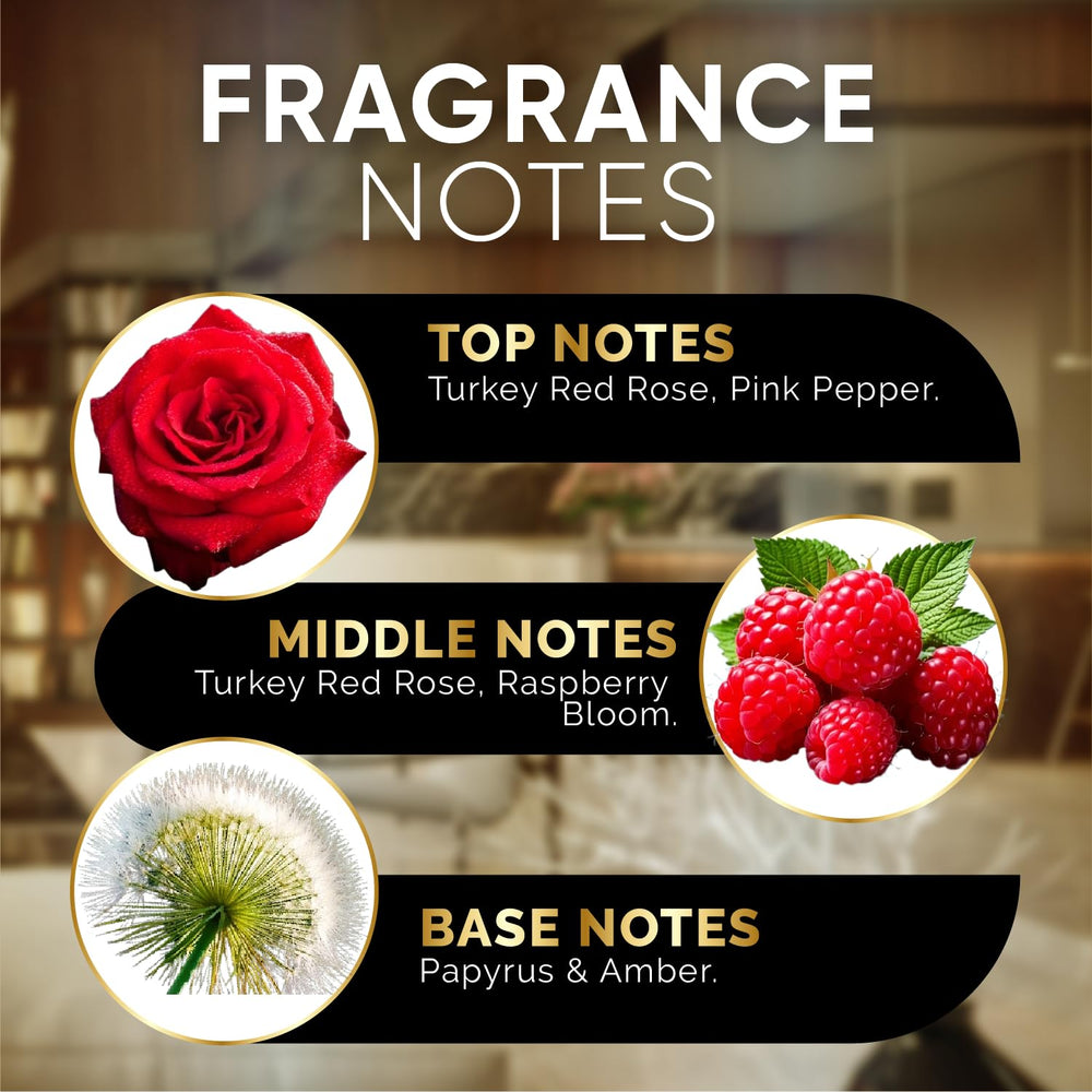 Signature Scents Rose Amour oil glow in glass bottle, rich fragrance.