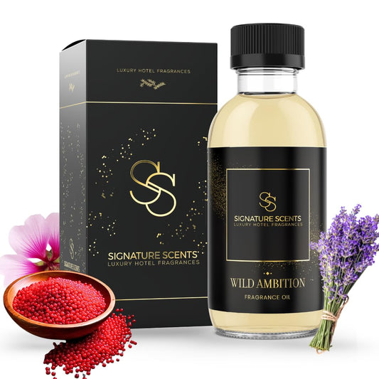 Signature Scents Wild Ambition bottle pour shows premium fragrance for hotels and homes.