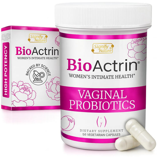 BioActrin vaginal probiotic bottle packaging by Signify Nature for at home relief and pH support.