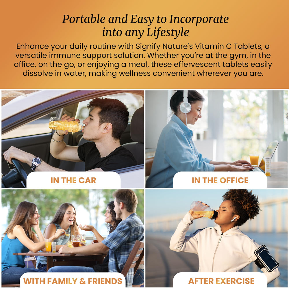 Morning routine with Signify Nature Vitamin C 1000mg effervescent tablets in a glass of water.