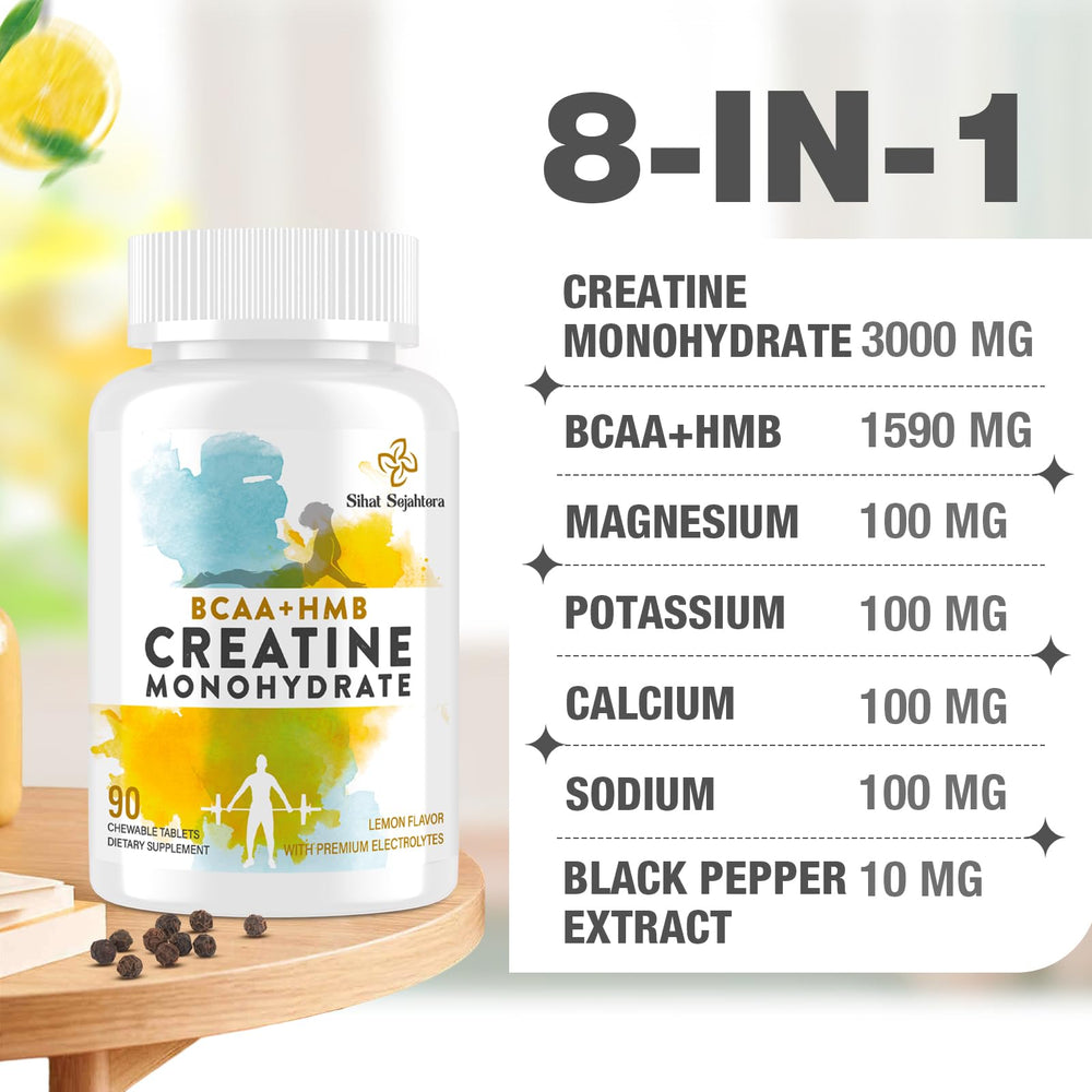 Close-up of Sihat Sejahtera chewable tablets highlighting high-strength amino blend for recovery.