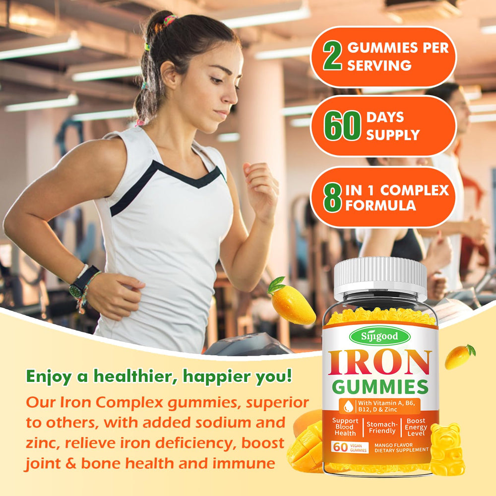 Sijigood iron gummies glass bottle on table conveys premium vegan supplement quality.