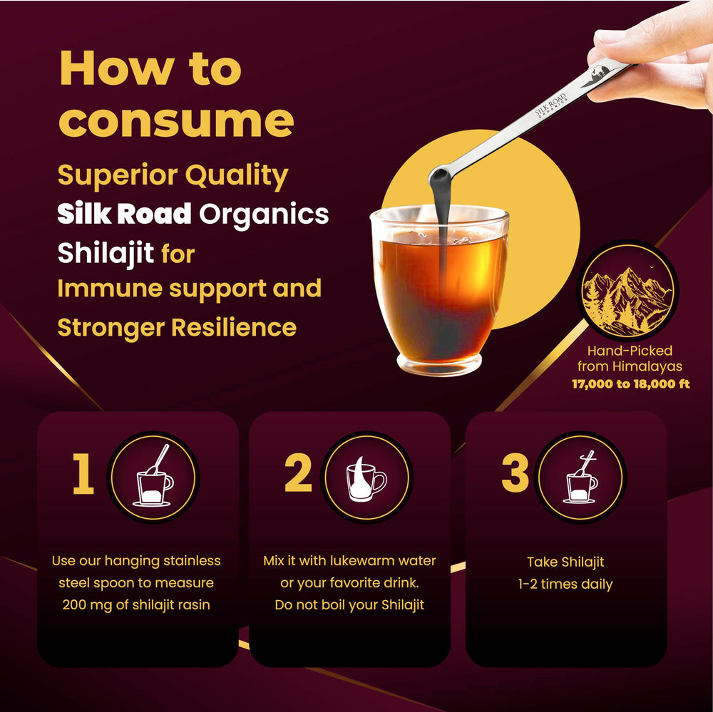 Silk Road Organics measuring spoon with shilajit resin enables precise dosing
