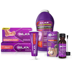 Silka Max Strength Antifungal Liquid bottle applied to the foot.