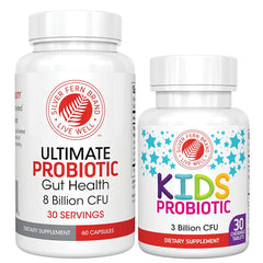 Silver Fern adult probiotic bottle shows 60 capsules for daily gut balance and comfort.