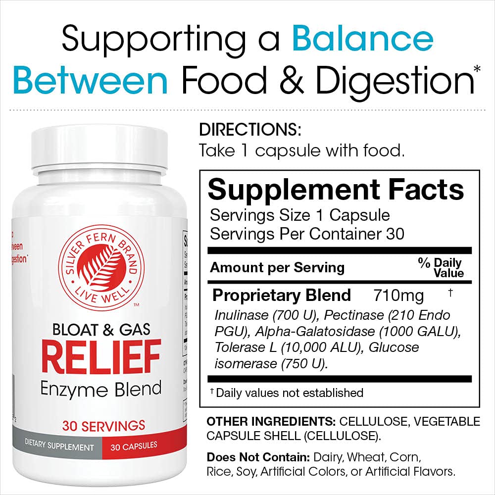 Silver Fern Bloat Relief bottle label close-up with enzyme highlights