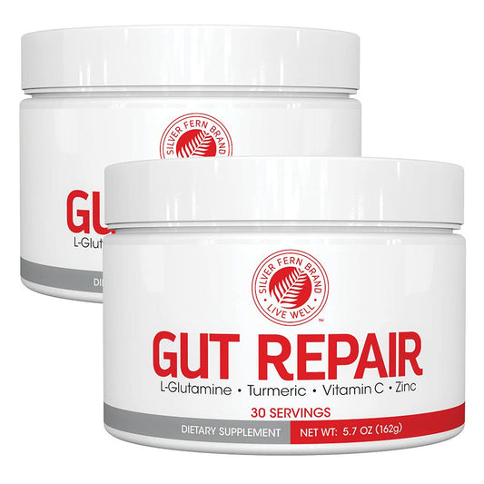 Silver Fern Gut Repair two-tub package on kitchen counter for daily digestive wellness.