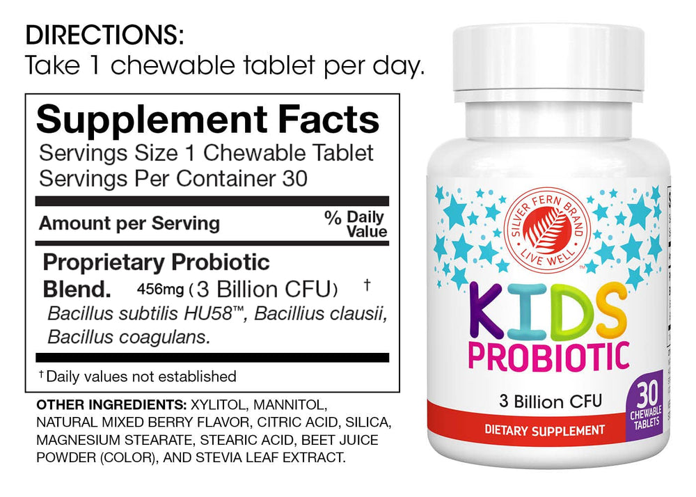 Silver Fern Kids Probiotic bottle back label shows gluten-free and sugar-free formula