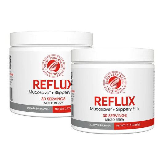 Silver Fern Reflux tub front label showing two-tub bundle and 30 servings for ongoing digestive support