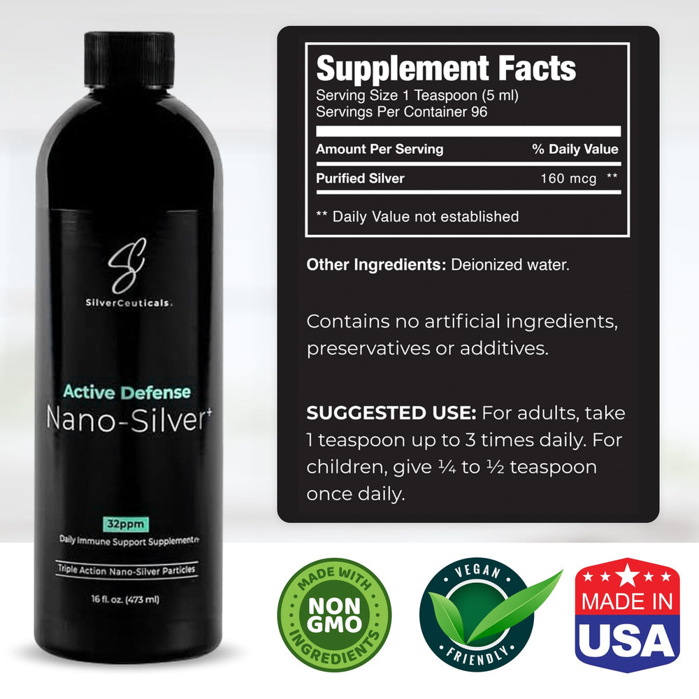 Label close-up with 32ppm dosage information for SilverCeuticals.