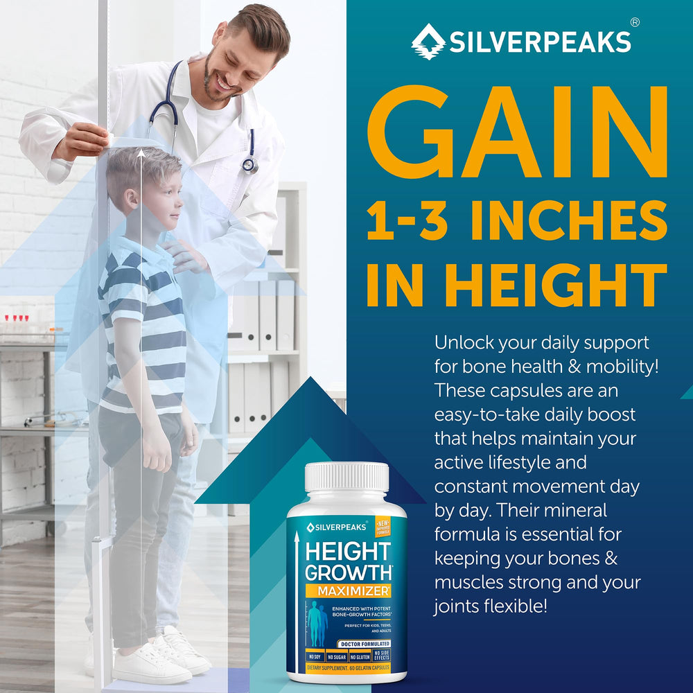 SILVERPEAKS Growth Capsules nutrition facts label emphasizing calcium and vitamin D for bone support