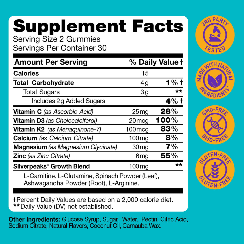 SILVERPEAKS height growth gummies serving spoon shows easy daily dose
