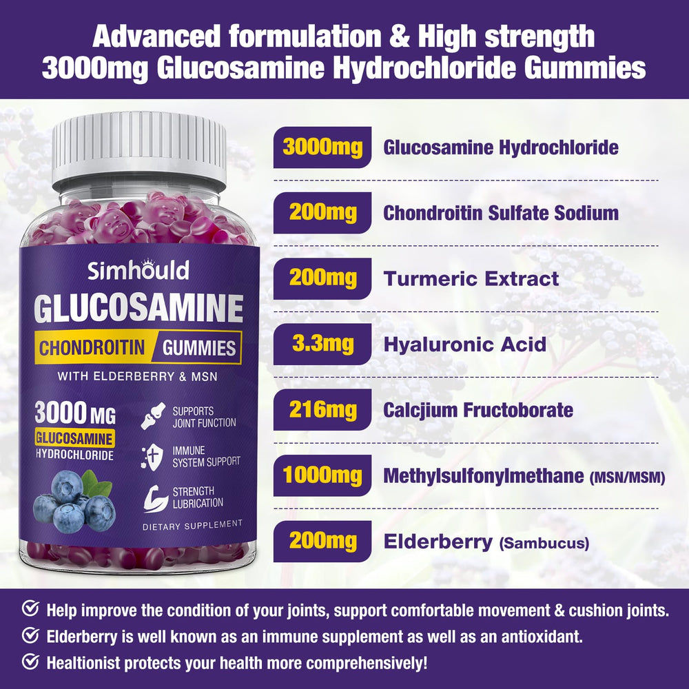 Simhould gummies label highlights high potency glucosamine and MSM for adults.