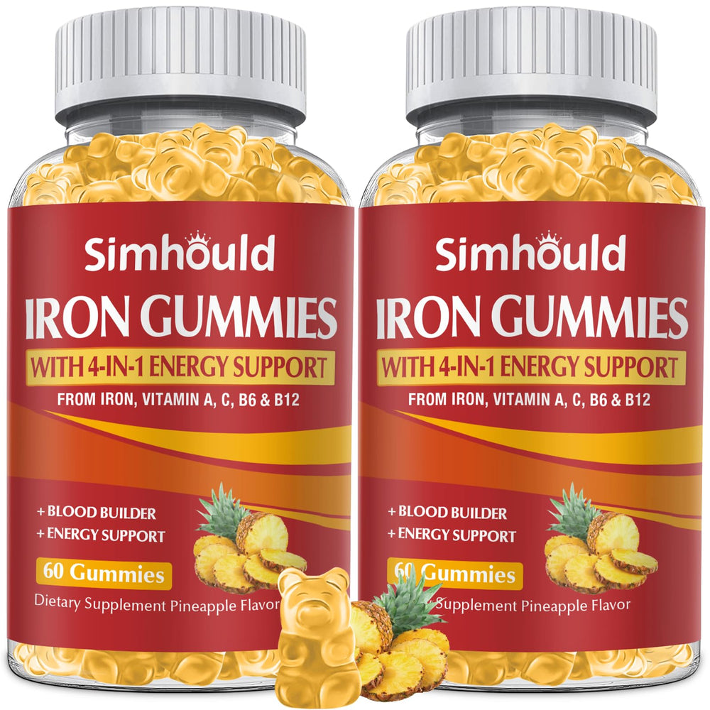 Simhould iron gummies bottle front shows 120-count pineapple flavor for daily support