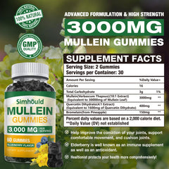 Simhould mullein gummies label close-up highlighting quercetin and bromelain blend for digestion support.