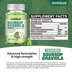 Simhould Soursop Graviola Gummies ingredients graphic highlighting vitamin C and zinc
