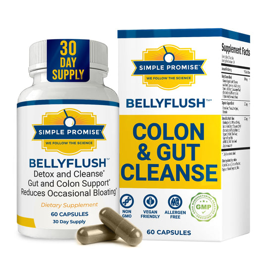 Simple Promise BellyFlush bottle pour demonstrates convenient nightly digestive support.