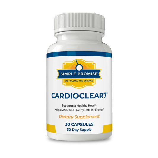 Simple Promise CardioClear7 capsules close-up with CoQ10 and PQQ for energy support.