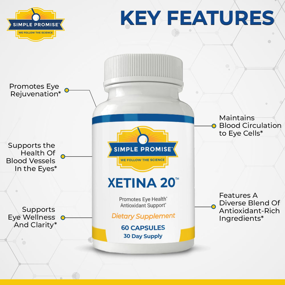 Xetina 20 supplement facts box highlighting bilberry, grape seed, rutin.