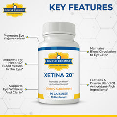 Xetina 20 supplement facts box highlighting bilberry, grape seed, rutin.