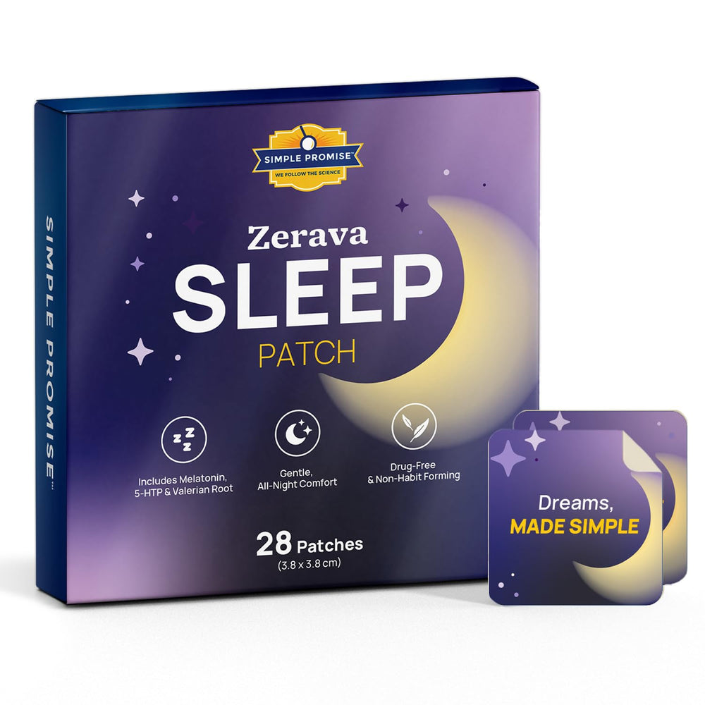 Simple Promise Zerava Sleep Patch on skin shows calm, ready-for-bed routine.