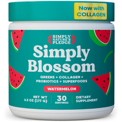 Simply Blossom Daily Greens bottle showing a nutrient-rich blend for daily wellness.