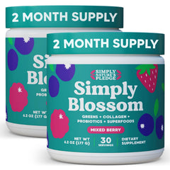 Simply Blossom Greens & Superfoods powder container shows daily nutrition for busy mornings