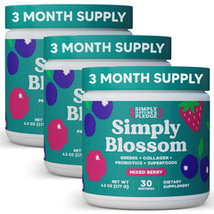 Simply Blossom Daily Greens tub showing packaging for daily wellness support.
