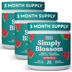 Simply Blossom Greens tub showing vibrant powder for daily nutrition and wellness