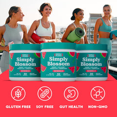 Simply Blossom collagen-probiotics blend highlighting gut-friendly support and energy.