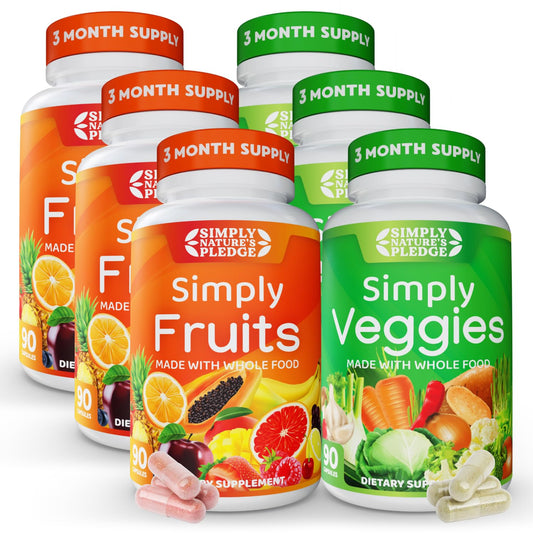 Simply Nature's Pledge bottle with 42 fruits and vegetables for daily nutrition.
