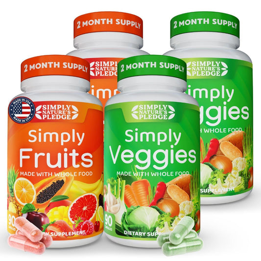 Simply Nature's Pledge bottle front showing a 42-fruit-and-vegetable blend for daily nutrition.