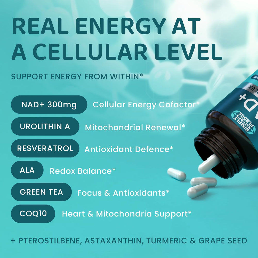 NAD+ Elite capsules close-up highlighting 300 mg NAD+ per serving for mitochondrial care