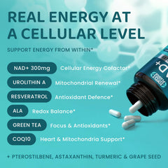 NAD+ Elite capsules close-up highlighting 300 mg NAD+ per serving for mitochondrial care
