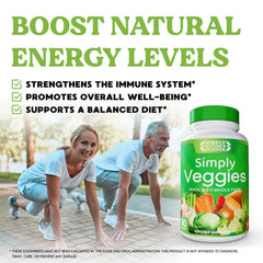 Simply Nature's Pledge vegetable blend capsules featuring 42+ fruits and vegetables per serving.