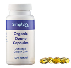 Simply O3 Pure Ozonated Olive Oil Capsules bottle highlighting two-month supply for digestive support.