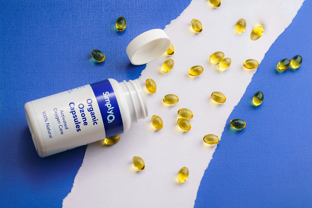 Simply O3 capsules close-up shows 1,200 peroxide value and 1,000 mg per serving detail.
