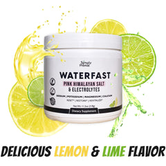 Simply Primal Waterfast Lemon Lime scoop shows keto-friendly electrolyte mix.