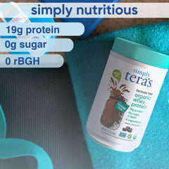 Simply tera's lactose-free whey pour showing smooth mixing and versatile use.