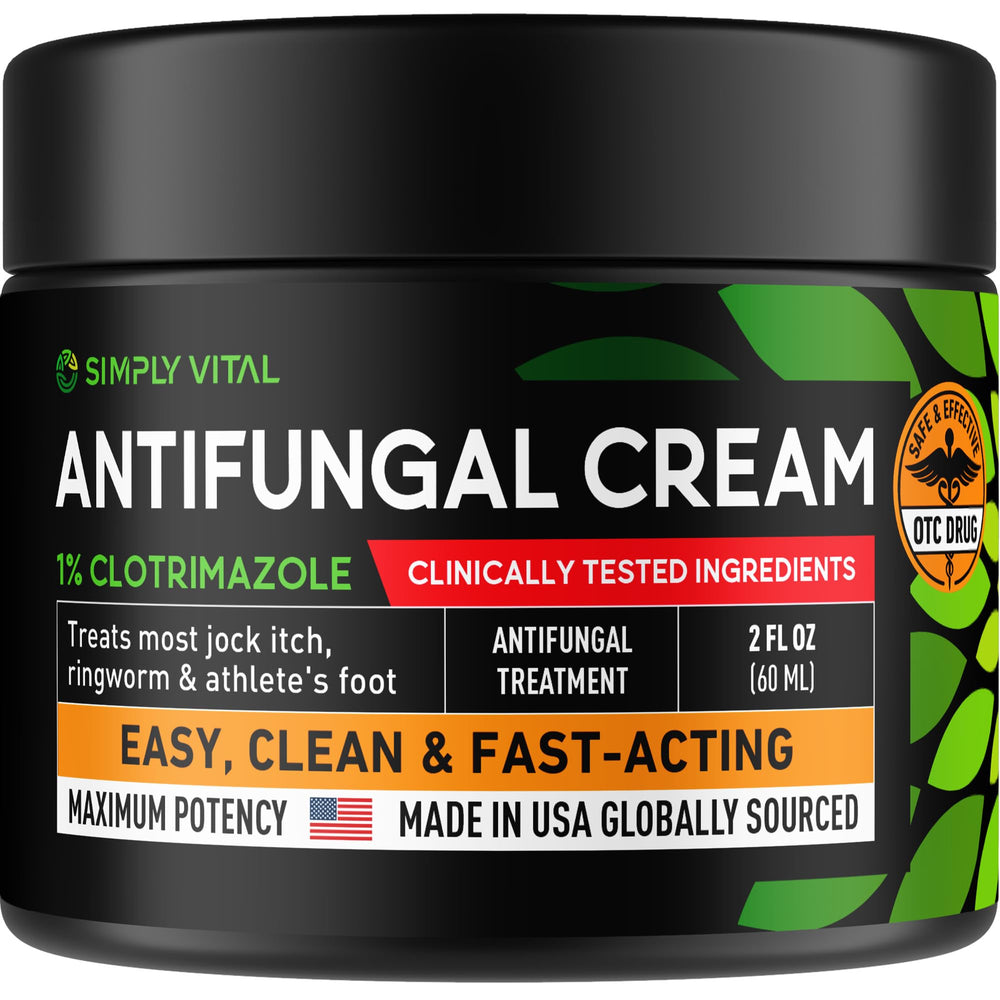 SimplyVital Clotrimazole 1% cream tube close-up for fast, targeted antifungal relief.