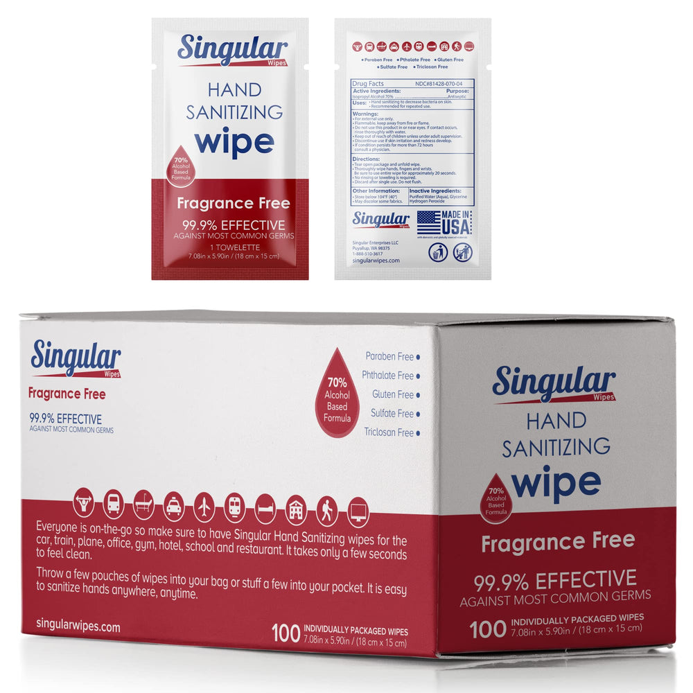 Singular Wipes travel pack front view for on-the-go hand disinfection.